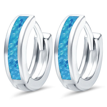 Hoop Huggie Earrings Lab Created Blue Opal 925 Sterling Silver (12mm)